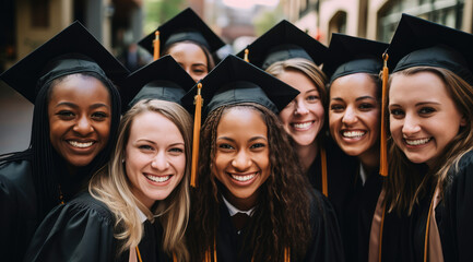 graduating group of college women in their robes - obrazy, fototapety, plakaty
