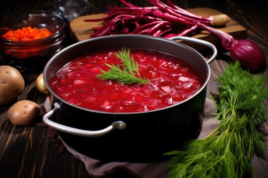 high-angle shot of borscht with chunks of beetroot