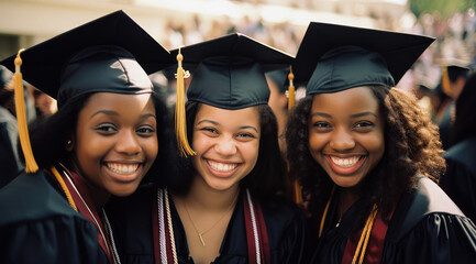 graduating group of college women in their robes - obrazy, fototapety, plakaty