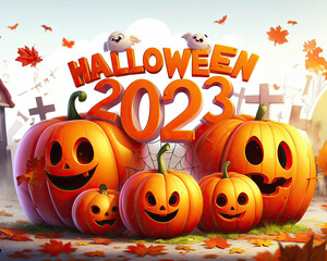 Happy Pumpkins on a Grave by daylight, Halloween 2023 for kids