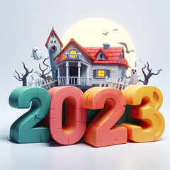 Big 2023 in front of a tiny House above it