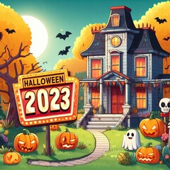 colorful cartoon House for Halloween 2023