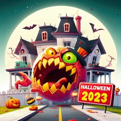 Round monster with a hat coming out of a horror house for Halloween 2023