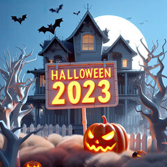 Happy illustration of a 3d Halloween House of 2023 with a lightning pumpkin in fornt