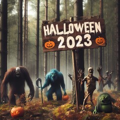 Horror Forest with different Monsters and a sign spelling "Halloween 2023"
