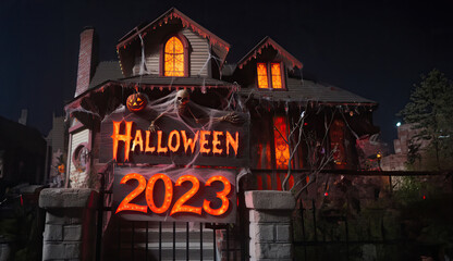 dark horror-house with a sign on the fance spelling "Halloween 2023"
