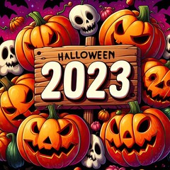 Skulls and Pumpkins around sign spelling "Halloween 2023", illustration