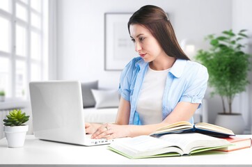 Fototapeta na wymiar Young business woman employee working on laptop, AI generated image