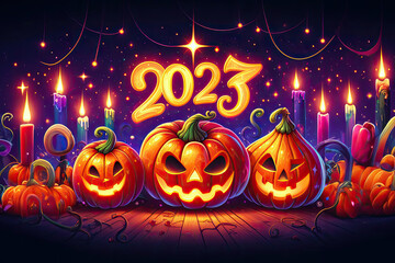 magical halloween pumpkins with "2023" in the air, illustration