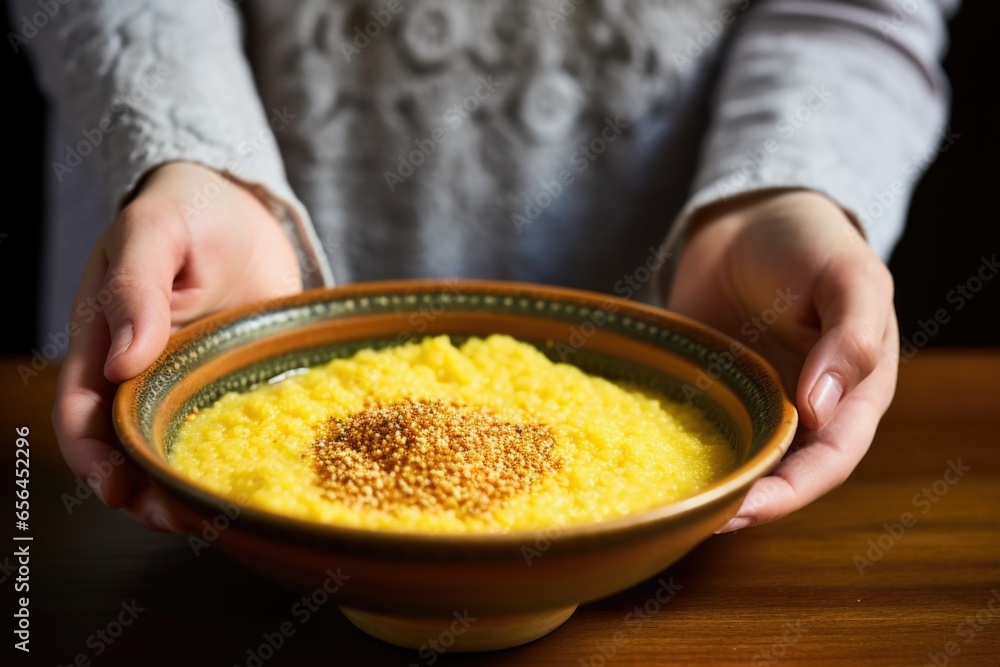 Sticker hand serving a bowl of brazilian farofa