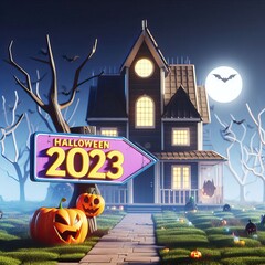 Horror-House with Halloween sign in front of it