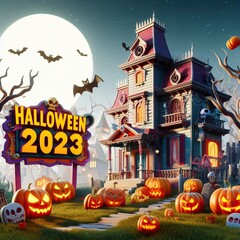 House with pumpkins in the garden and bats in the sky in front of the moon