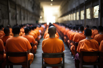 Prisoners in orange shirts at the prison - obrazy, fototapety, plakaty