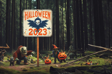 Halloween 2023 sign in the woods