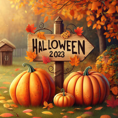 Pumpkins in front of a Halloween 2023 Sign in fall