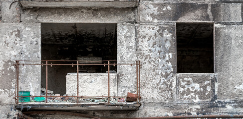 destroyed and burned houses in the city during the war in Ukraine