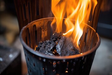 charcoals aflame in an upright chimney starter - obrazy, fototapety, plakaty