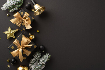 Prestigious holiday wishes concept. Top view photo of deluxe gift packages, costly gold and black balls, glistening confetti, tinkling bell, frosted fir twigs on dark backdrop for your festive words