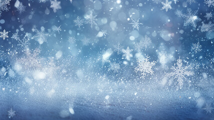 Fototapeta premium abstract blue snowflakes falling winter weather blurred background.
