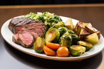 medium-rare steak on a bed of grilled vegetables