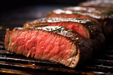 Rolgordijnen macro shot of medium-rare steak texture after slicing © altitudevisual