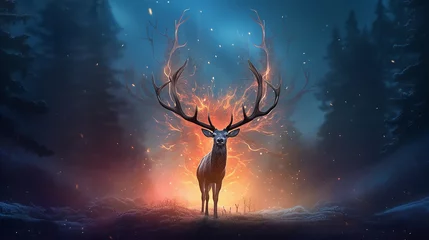 Poster Paysage fantastique fantastic landscape lone deer fantasy style. dream fairy tale magic art.