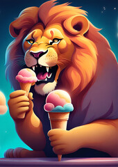 Illustration lion is eating ice creams