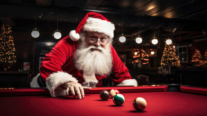 Santa Claus playing billiards on Christmas poster - FIctional Person, Generative AI - obrazy, fototapety, plakaty