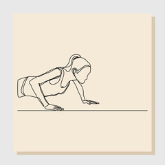 Continuous single line sketch hand drawn drawing of sporty woman training push up work out. One line art concept of gym fitness and healthy life style. Vector illustration
