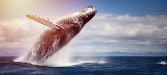 Humpback whale (Megaptera novaeangliae) jumping, Seawater splashes high out of the water in golden light off pacific Oceansunset
