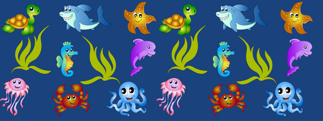 Fototapeta na wymiar Vector flat children's sea pattern. Crabs, starfish, seahorses, dolphins, jellyfish, turtles, octopuses. Pattern on a blue background.