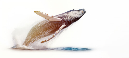 Humpback whale (Megaptera novaeangliae) jumping, Seawater splashes high out of the water in golden light off pacific Oceansunset