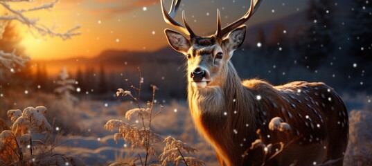Festive snowy scene featuring snow-covered hills, a mountainous village, deer, woodland, pine trees, and reindeer. Seasonal natural backdrop with fox, elevations, and dwellings. - obrazy, fototapety, plakaty