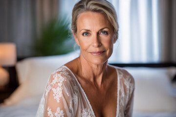 An attractive blonde middle-age woman, poise and elegant, sitting in her bedroom. Closeup portrait of a mature white woman in her 50s, ageing gracefully, looking beautiful and sensual. - obrazy, fototapety, plakaty