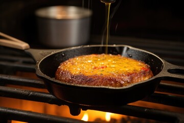thermometer in a sizzling patty in a skillet