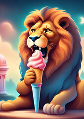 Lion is eating ice creams