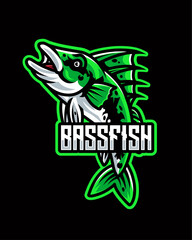 Bass fish mascot logo isolated on dark background suitable for fishing logo