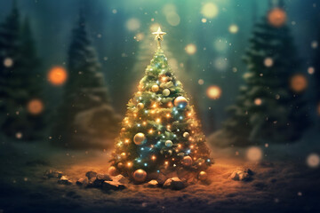 christmas tree decorations, santa claus with gifts, snowman in the snow, christmas gift boxes	