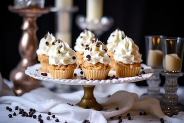 cannoli displayed on a cake stand surrounded by cupcakes