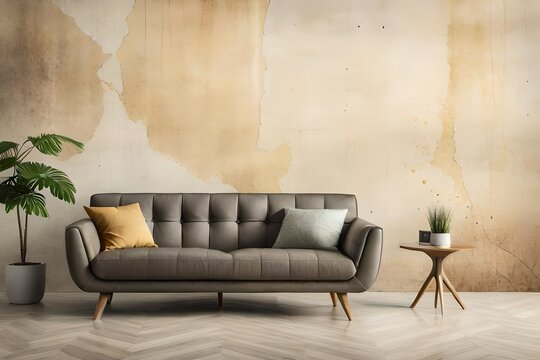 modern living room with sofa, creamy texture of the wall with sofa in the foreground and plant pot 
