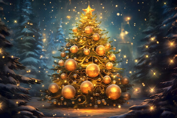 Fototapeta premium christmas tree decorations, santa claus with gifts, snowman in the snow, christmas gift boxes 