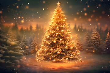 christmas tree decorations, santa claus with gifts, snowman in the snow, christmas gift boxes	