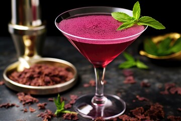 close shot of a cosmopolitan cocktail with crushed mint leaves on top