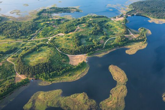 Aerial view of the Snudy and Strusto lakes in the Braslav lakes National Park. Beautiful summer nature of Braslav lakes. Wonderful trip and relaxation on Braslav lakes in the National Park.