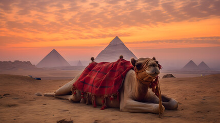 A camel stands with a view of a pyramid in the middle of the desert.