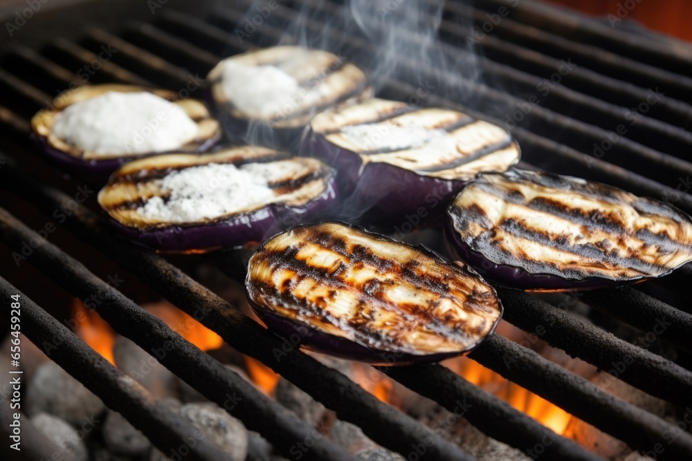 Poster eggplants with charring marks on a grill, white smoke around