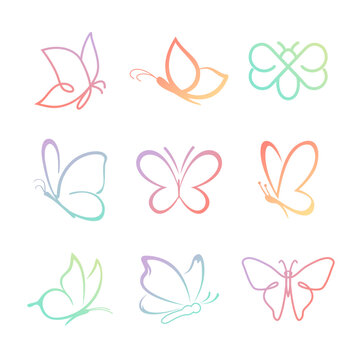 Collection of colorful Butterfly line drawing elements. icon logo vector set	