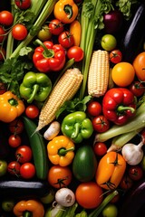 Fototapeta na wymiar Close up overhead view of various colourful fresh vegetables.