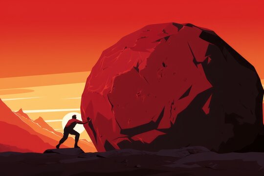 Silhouette of a man rolling an immense red rock in a desert sunset. Cartoon look. Minimal concept of hard work, big task, doing something in vain and persistent struggle. T-shirt print.