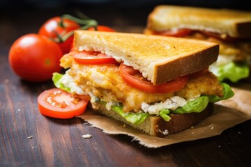 broken apart fish sandwich with lettuce and tomatoes